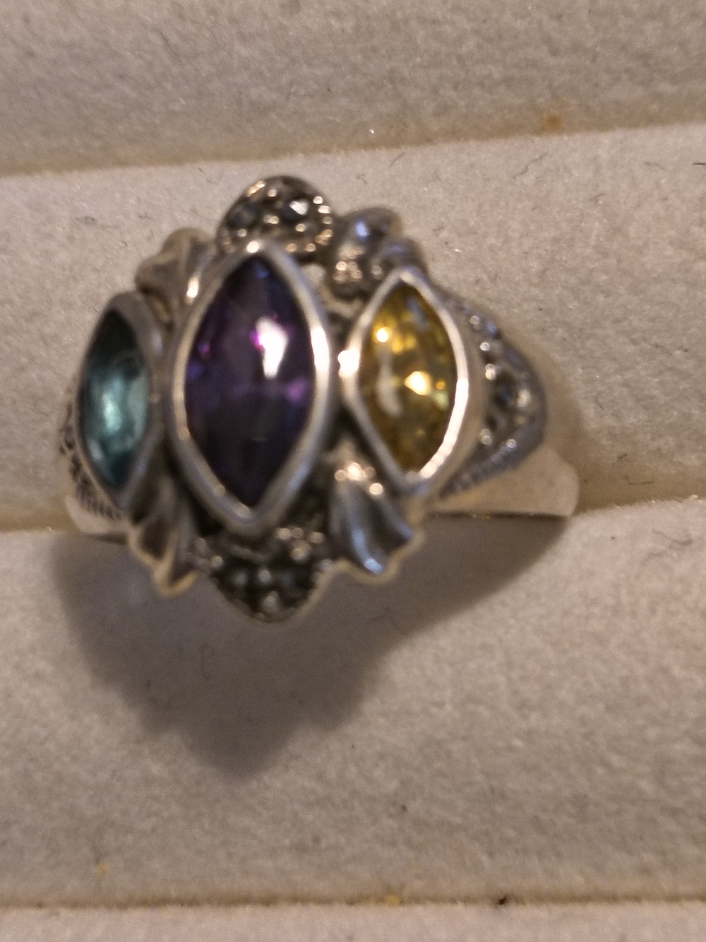Multi Color Cz Marquise Sterling Ring in Purple, Yellow, Teal Size 6.5 Signed